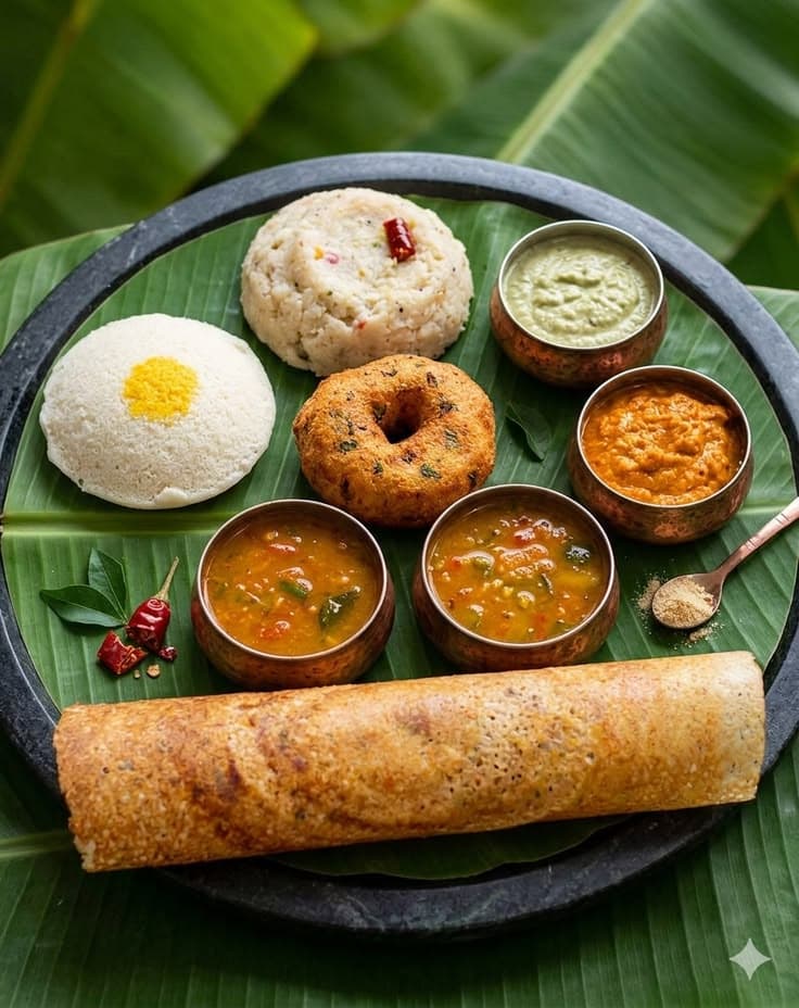 Fresh South Indian breakfast including idli, vada, sambar, and chutney served in a corporate setting